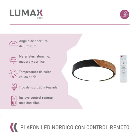 Plafon Techo Lumax Led Nórdico 30cm 24W con control remoto Negro