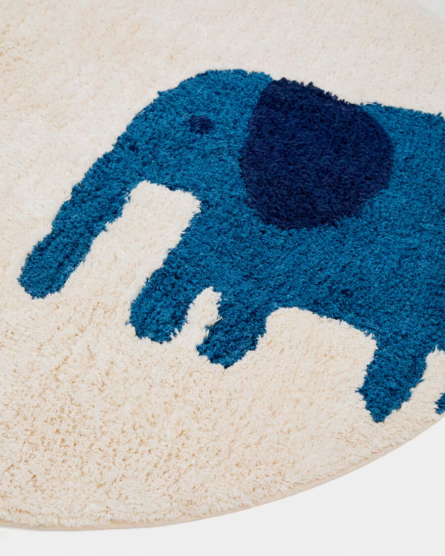 Alfombra redonda Tandani de algodón beige con elefante azul Ø 100 cm