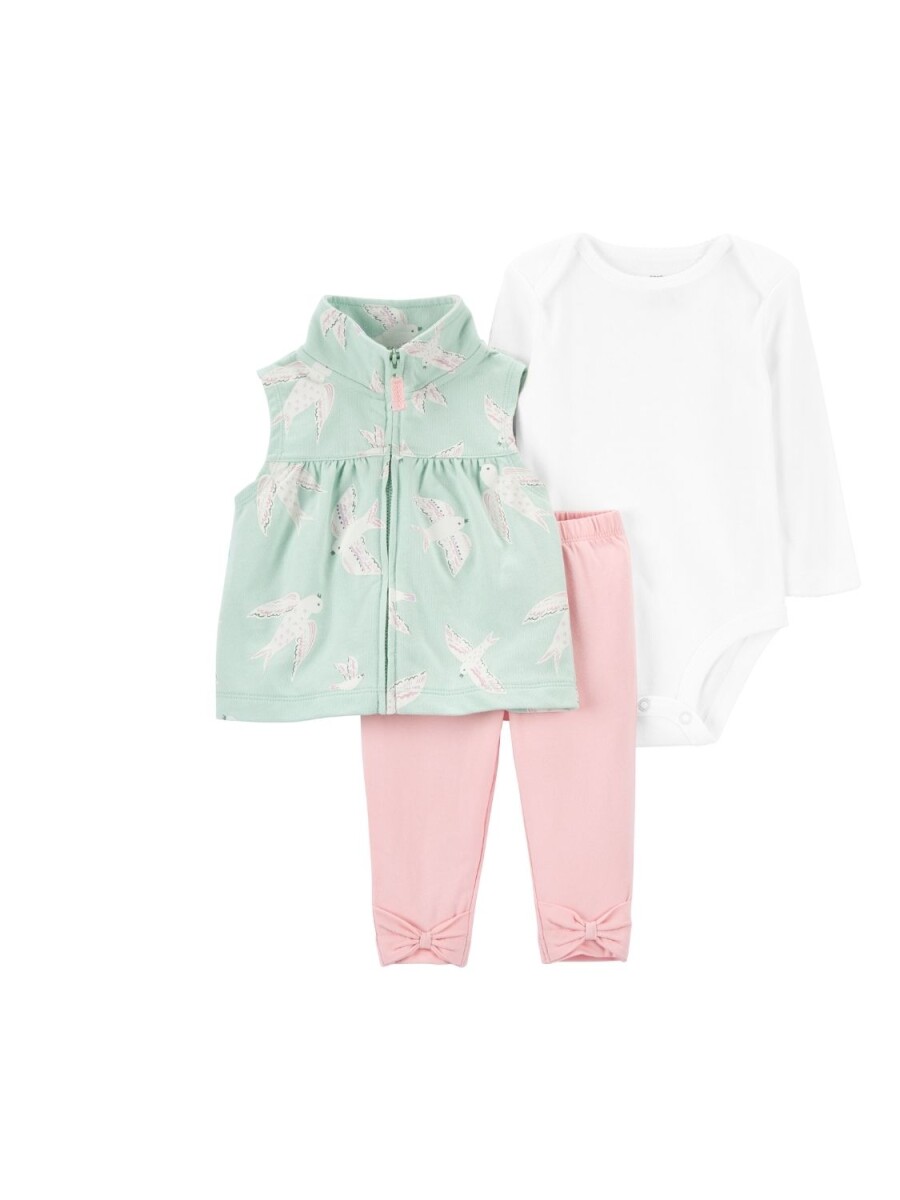 Set Carters 3 Pzs Chaleco Pantalón Body Algodón 1O960810 - ROSA-VERDE-BLANCO 