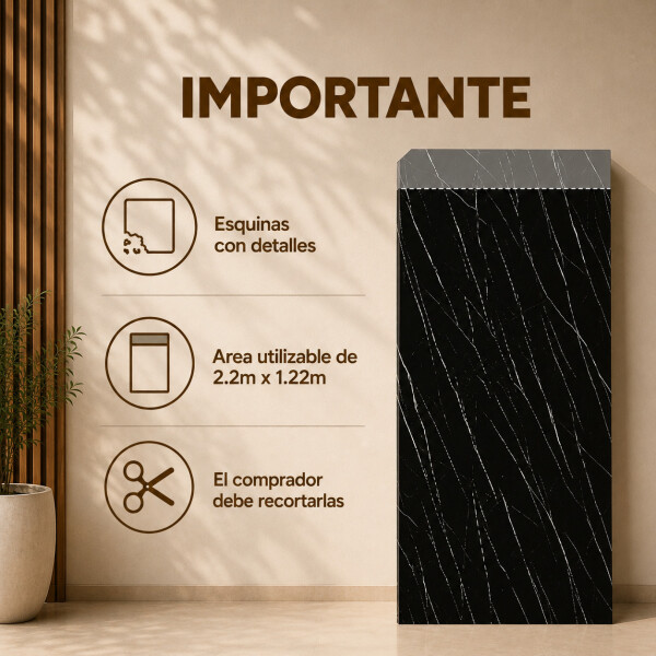 Placa PVC Símil Mármol 3mm Con Detalle Área Útil 2,20×1,22m Mármol Negro