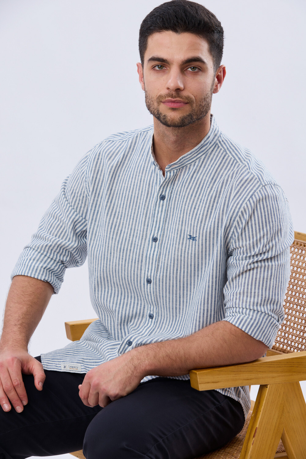 CAMISA RAYADA DE LINO CUELLO MAO Denim