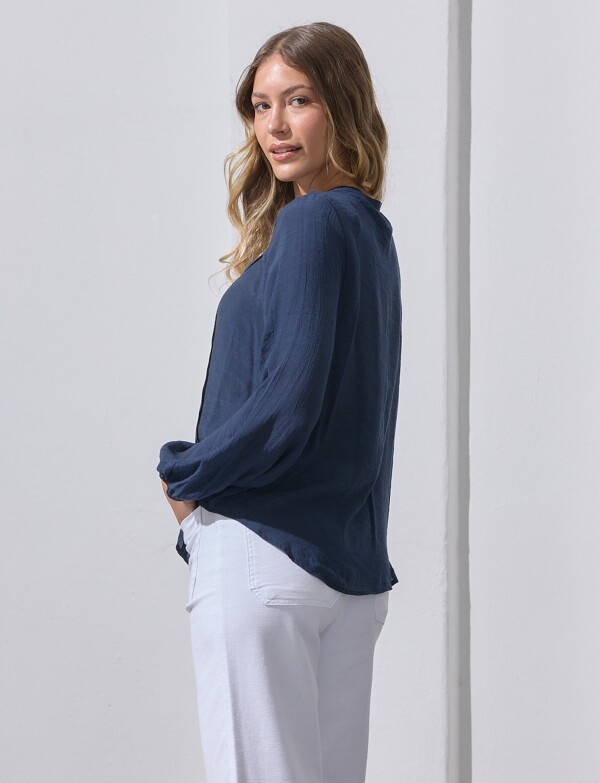Blusa Botones Detalle Broderie AZUL