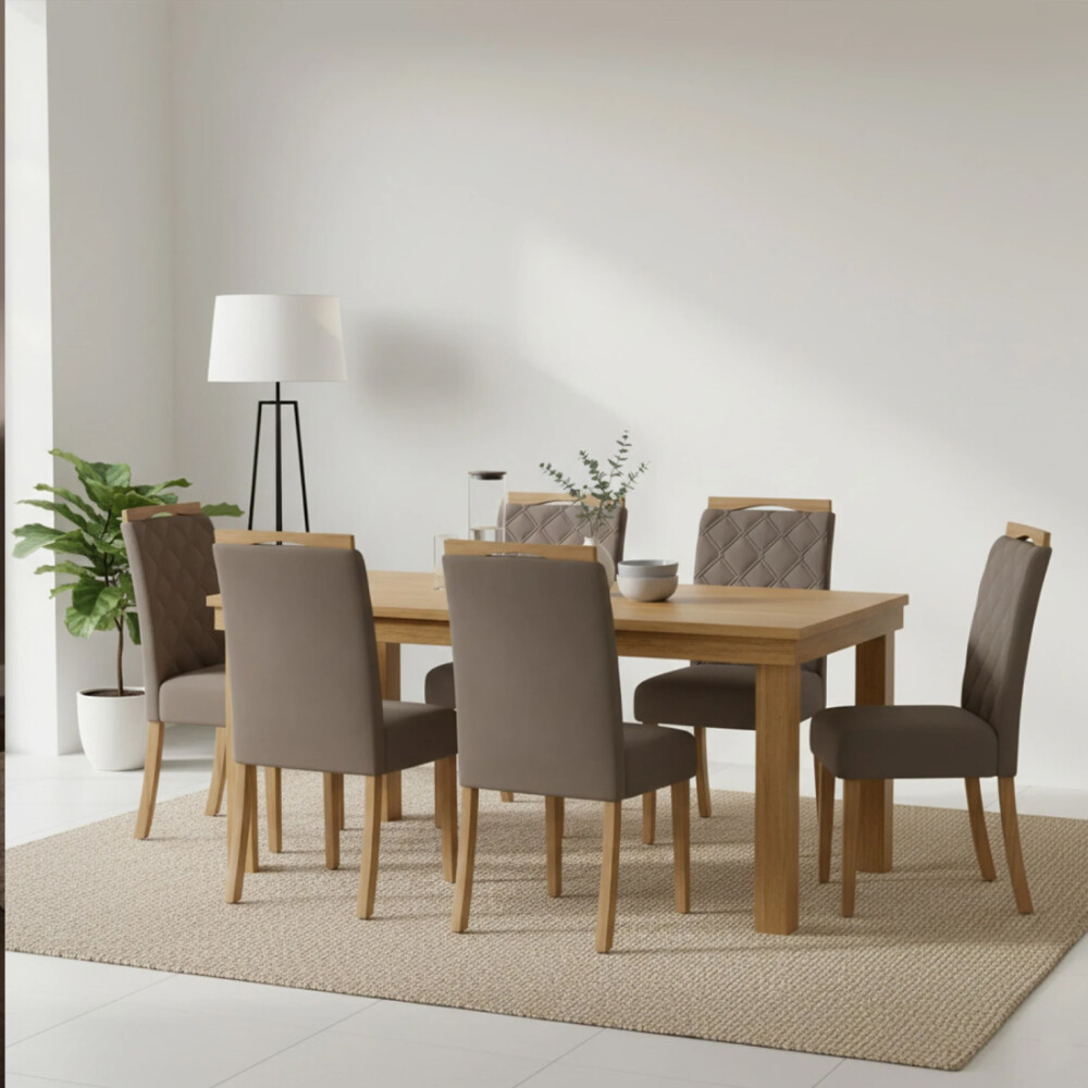 JUEGO DE COMEDOR MESA EN MADERA MACIZA Y 6 SILLAS TAPIZADAS JUEGO DE COMEDOR MESA EN MADERA MACIZA Y 6 SILLAS TAPIZADAS