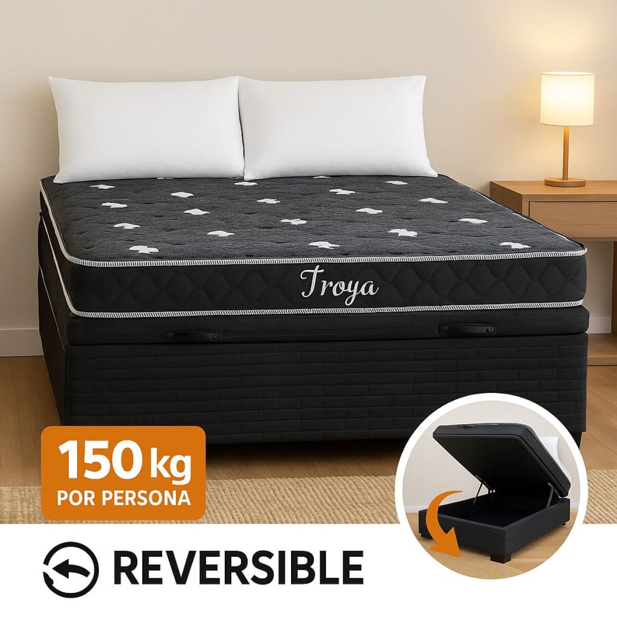 Sommier TROYA BOX BAÚL - 1 Plaza y Media - Espuma - Reversible - 110x188x16cm - 130 Kg 