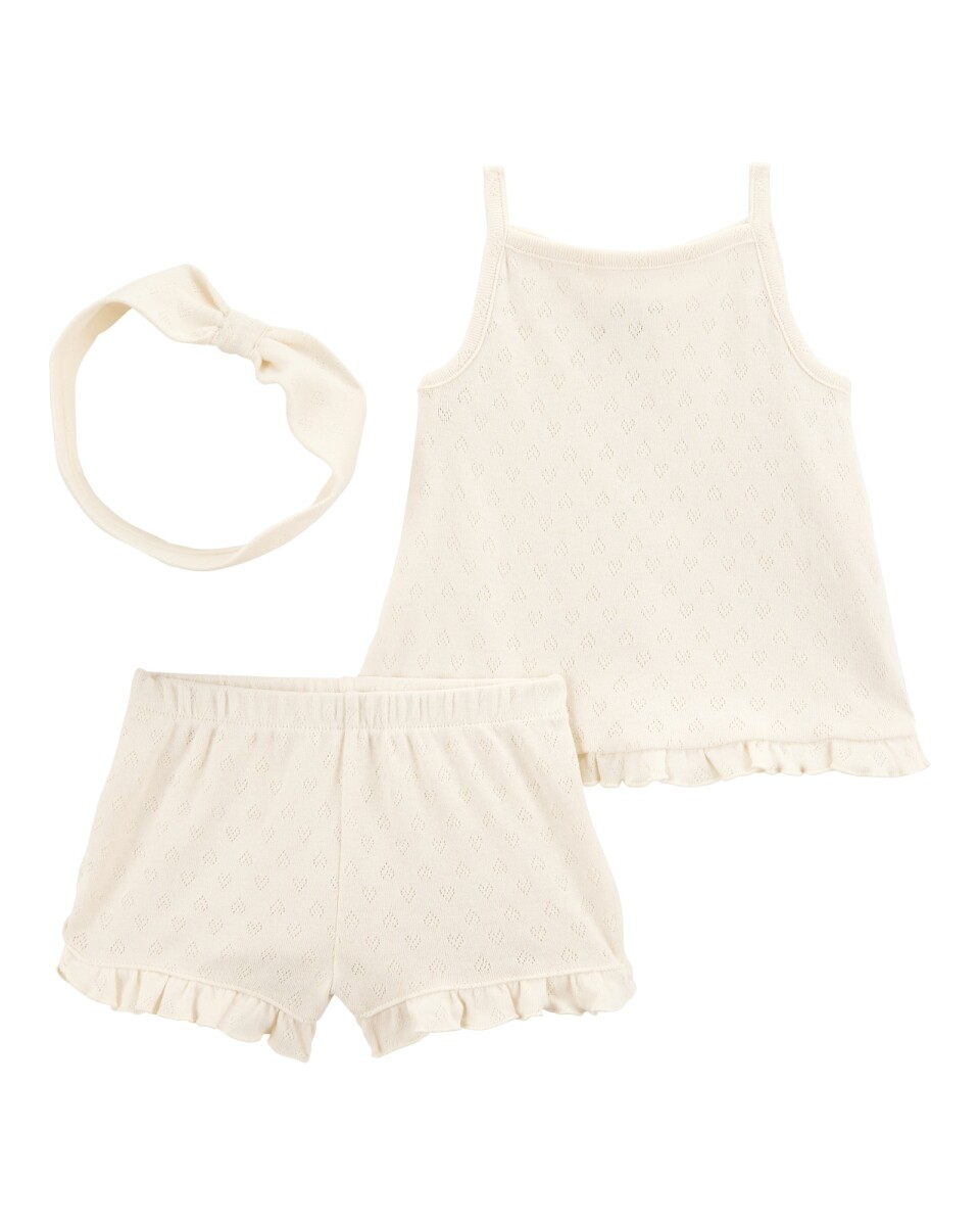 Set tres piezas de algodón calado, short, musculosa y vincha 