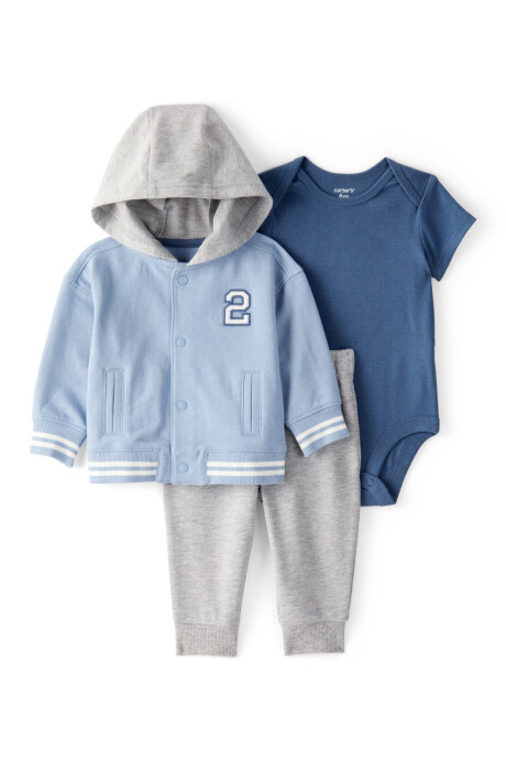 Set tres piezas de algodón, pantalón, saco con capucha y body, azul y gris Sin color