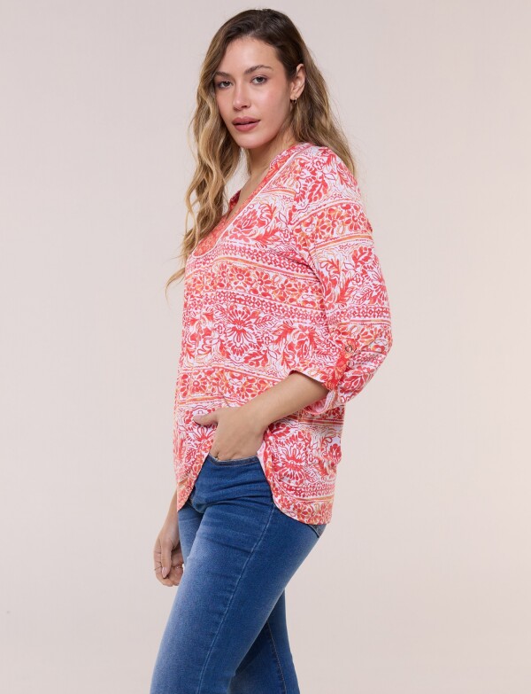 Remera Estampada Manga 3/4 Roll-up CORAL/MULTI