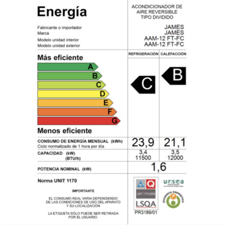 Aire Acondicionado JAMES AAM-12 FT-FC 12000 BTU On Off