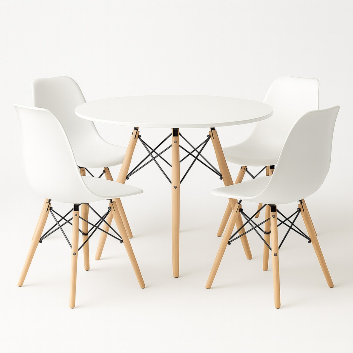 Juego de comedor Con Mesa Circular de 80cm + 4 Sillas Eames - Blanco/Blanco 