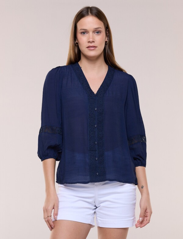 Blusa Bambula Con Pechera De Encaje Y Escote V AZUL