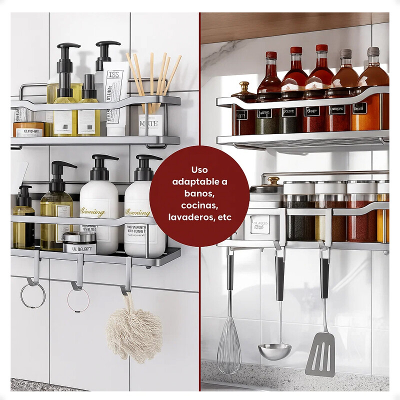 Estante organizador baño ducha set x2 adhesivo con ganchos Plateado