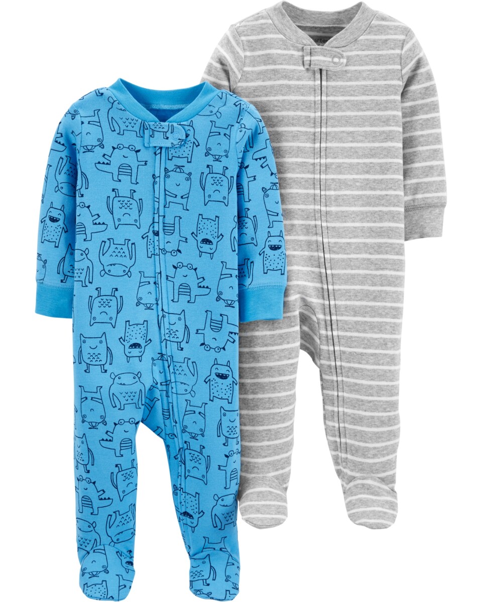 Pack dos pijamas una pieza de algodón, con pie, diseño monstruos y rayas 