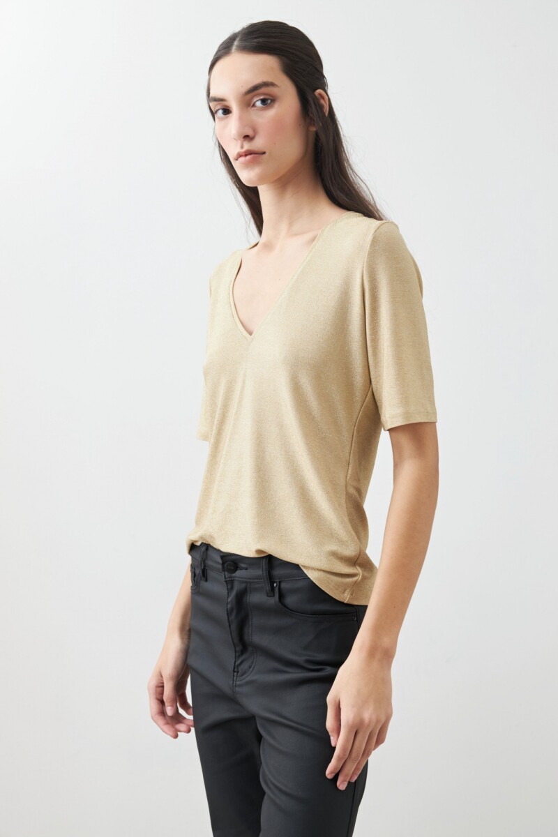 Remera lurex escote V beige