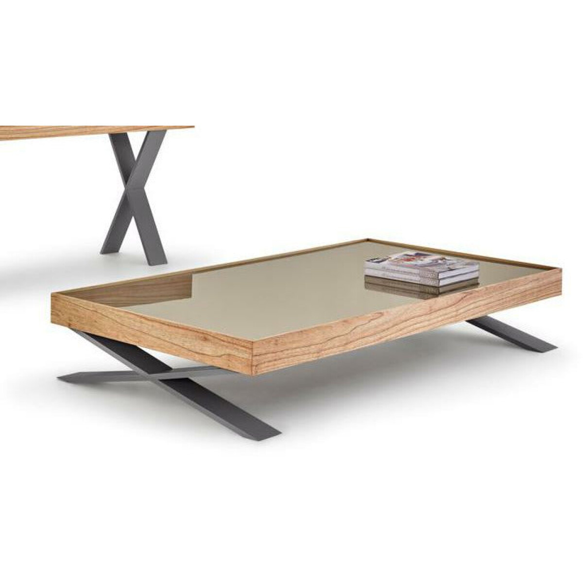 Mesa Centro - pata cruz - laca grafito y tapa madera Cinamomo - vidrio espejo 