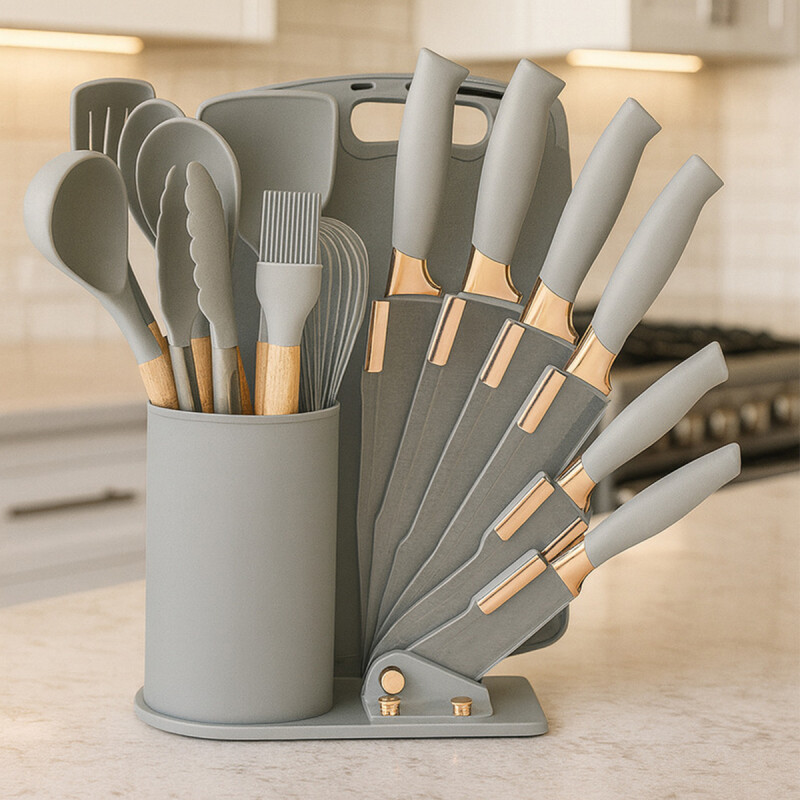 Set De Espátulas Cuchillos Y Accesorios En Silicona Y Madera Gris Set De Espátulas Cuchillos Y Accesorios En Silicona Y Madera Gris