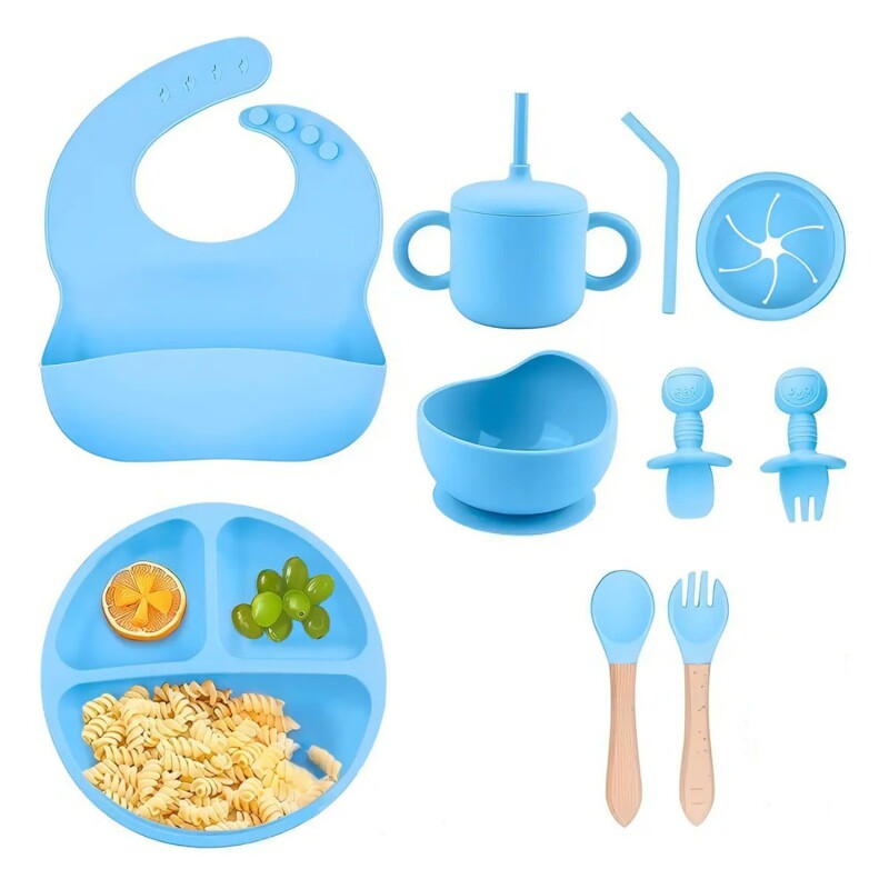 Set Alimentación Bebé en Silicona Libre Bpa 10 Piezas Celeste