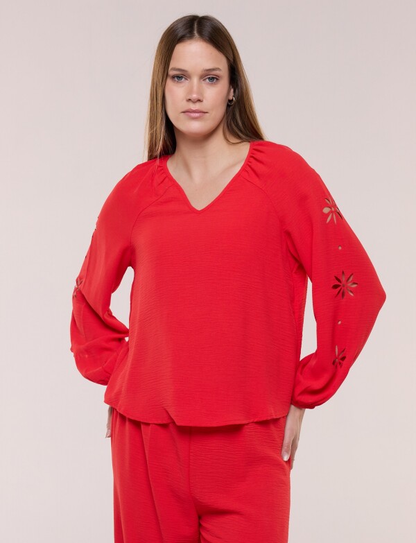 Blusa Con Calado Lateral Floral ROJO