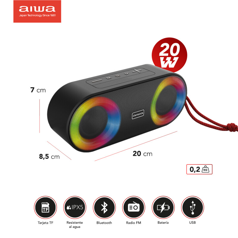 Parlante Bluetooth Waterproof con Frente LED 2X5W | AIWA | AWSJ215 Parlante Bluetooth Waterproof con Frente LED 2X5W | AIWA | AWSJ215