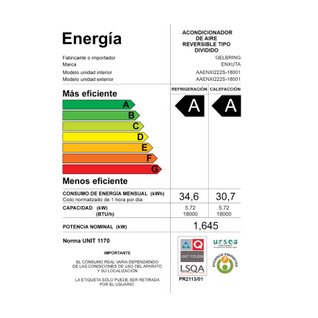Aire Acondicionado enxuta Smart 18000 BTU con Gas R32 Clase A Inverter