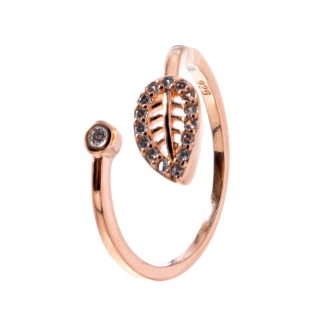 Anillo de plata 925 con baño de oro rosado y circonias, HOJA. Anillo de plata 925 con baño de oro rosado y circonias, HOJA.