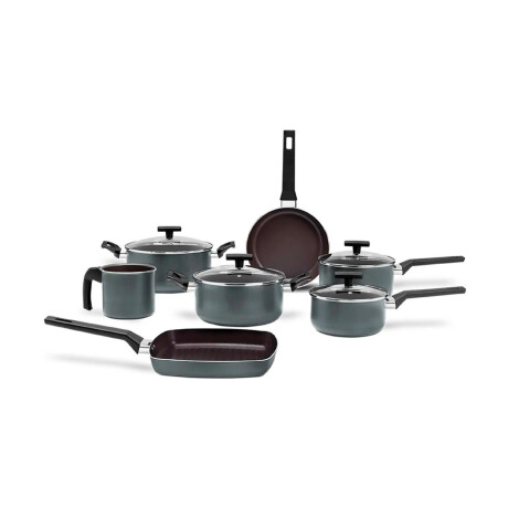 Juego Batería Cocina 7 Pzs Aluminio Ceramica Antiadherente Gris