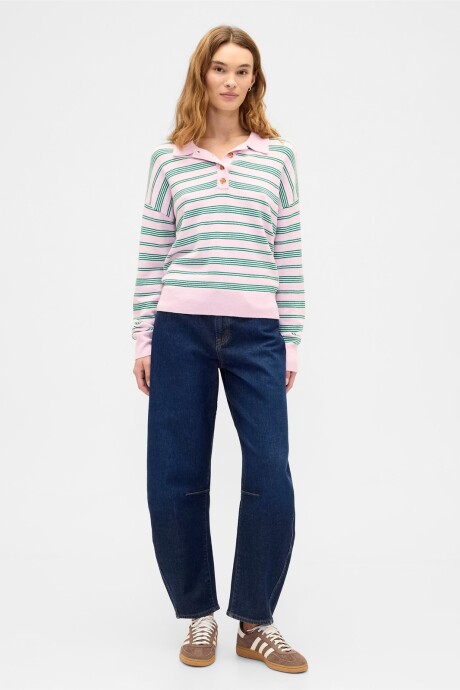 Buzo Cashsoft Tipo Polo Mujer Pink Green Stripe