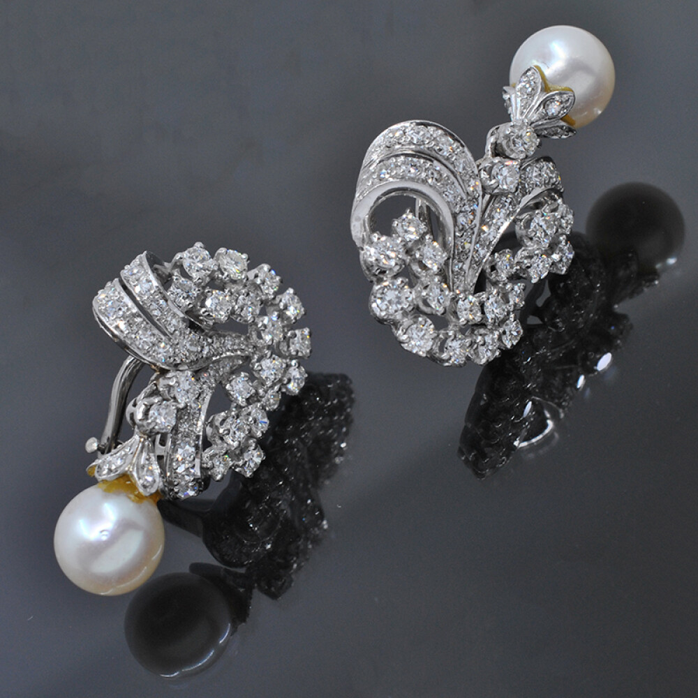 Caravanas oro 18k blanco , brillantes y perla de cultivo Caravanas oro 18k blanco , brillantes y perla de cultivo