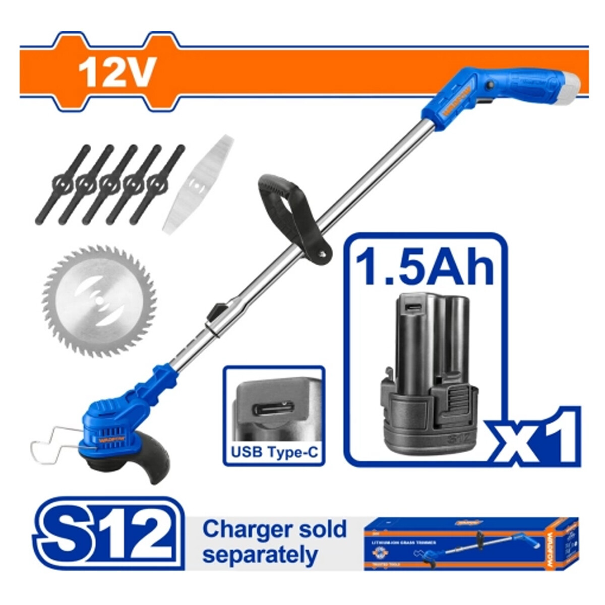 DESMALEZADORA A BATERIA 12V + BATERIA 1.5AH + ACCESORIOS WADFOW WGTS512 