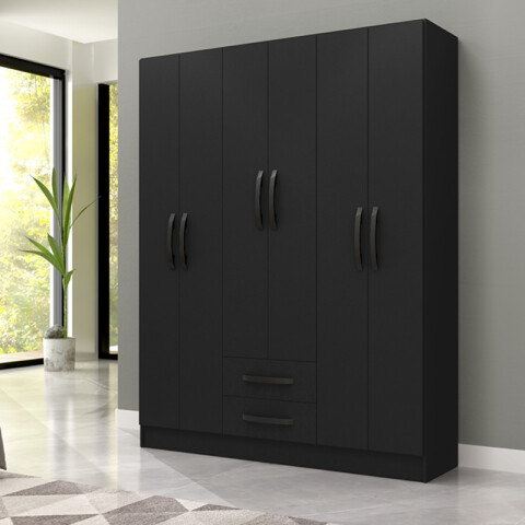 Ropero Armario 6 puertas 2 cajones con estantes y perchero interior natural 172X136X35 - Negro Ropero Armario 6 puertas 2 cajones con estantes y perchero interior natural 172X136X35 - Negro