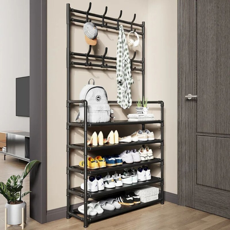 Perchero Recibidor Estanteria Metalica Organizador Multiuso Color Negro