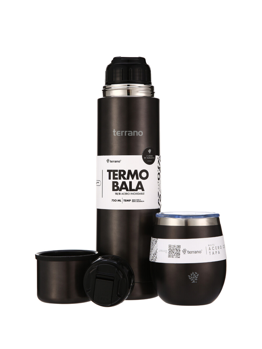 Kit Acero Bala Metalizado - 750mL + Mate Con Tapa - Negro 
