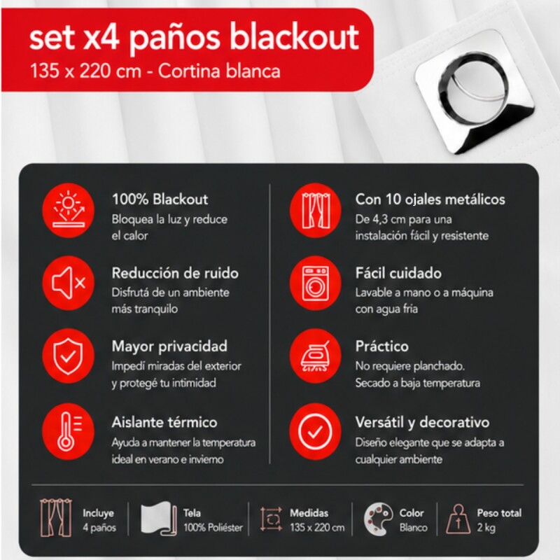 Cortina 100% Blackout set 4 paños 135 x 220 BLANCO
