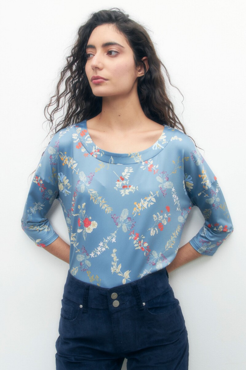 Blusa estampado rombos florales azul petroleo