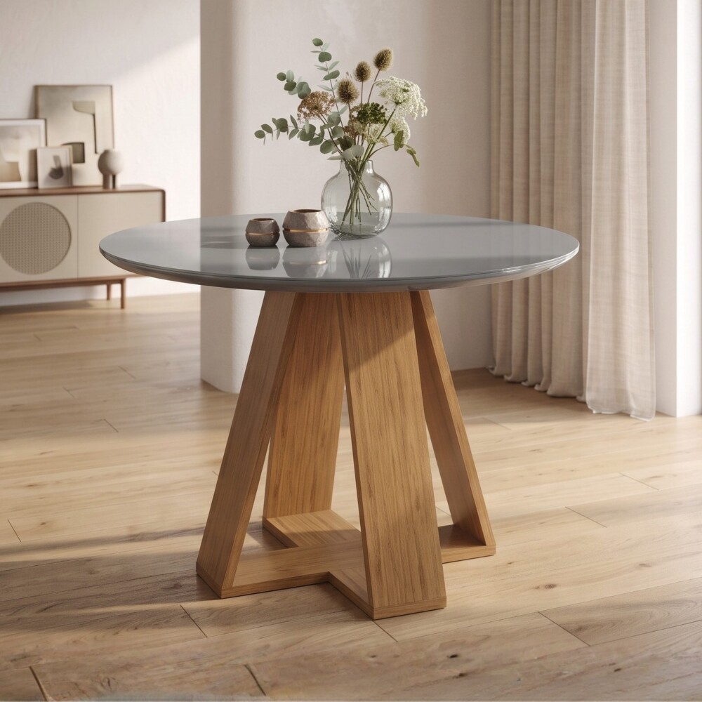 Juego De Comedor 4 Sillas Mesa Redonda - Celeste Gris / Beige