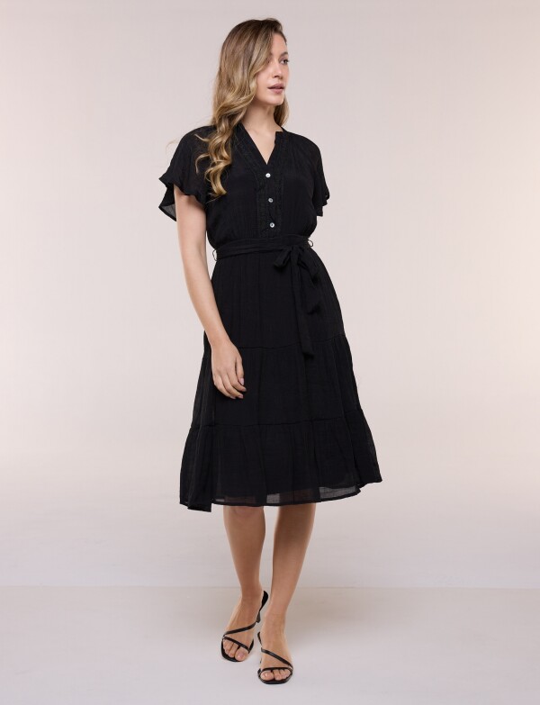 Vestido Con Lazo & Detalle Puntilla NEGRO