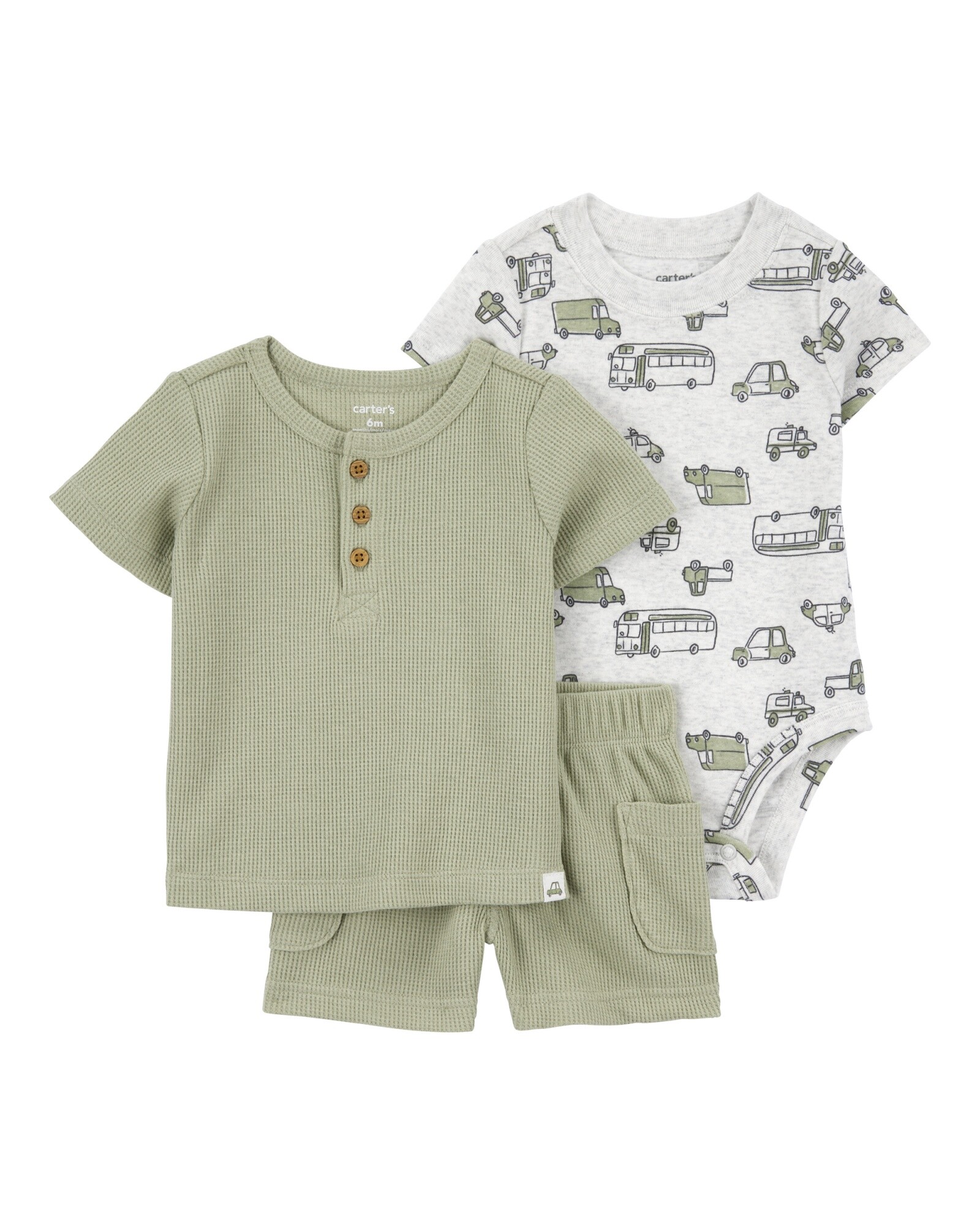 Set tres piezas de algodón, short, remera henley y body, diseño vehículos Sin color