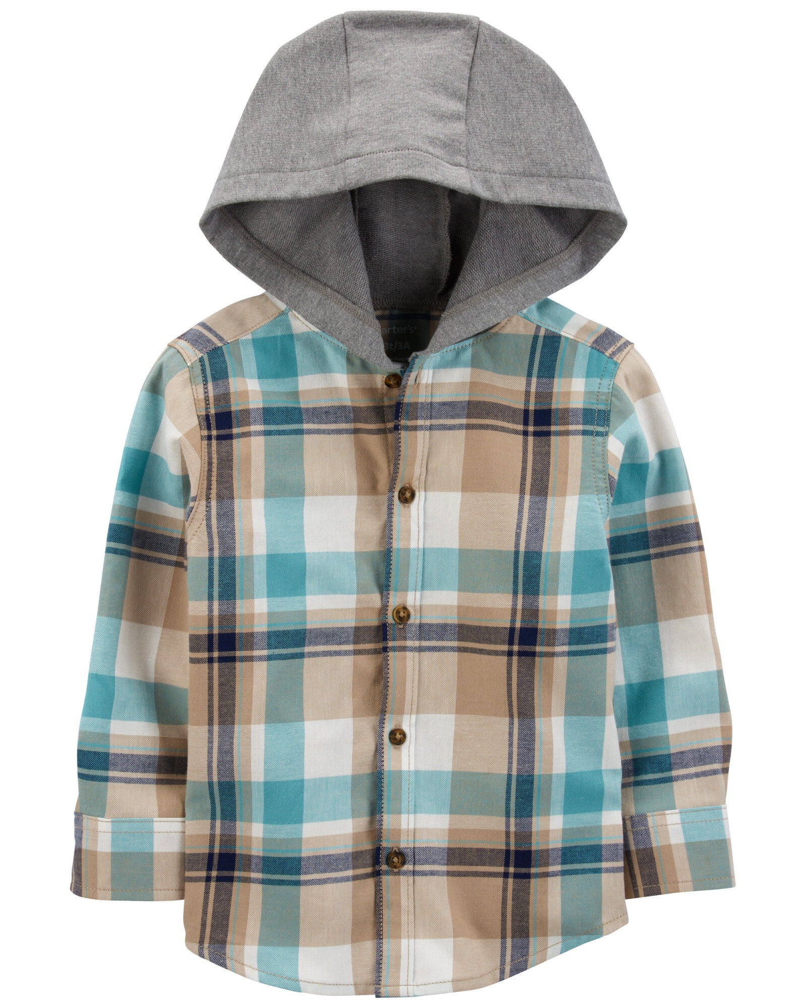 Camisa de sarga, con capucha, diseño a cuadros. Talles 2-5T Camisa de sarga, con capucha, diseño a cuadros. Talles 2-5T