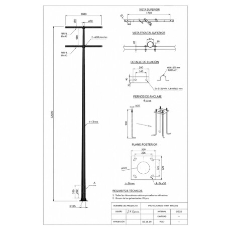 Columna Deportiva con Rack para 8 Focos 12mt Columna Deportiva con Rack para 8 Focos 12mt