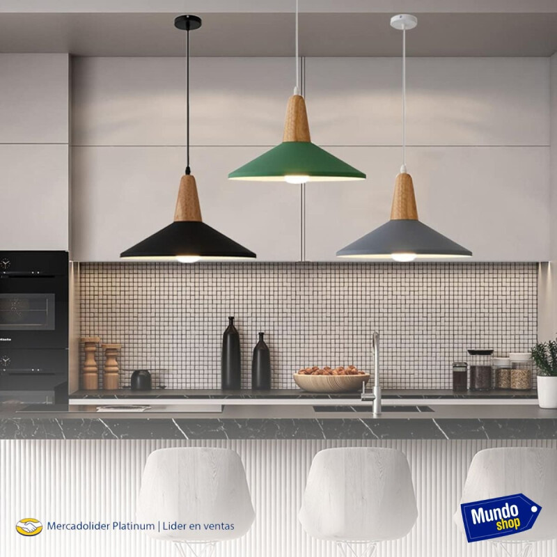 Lampara Colgante Metal Nordica Plato Deco Simil Madera Led Negro