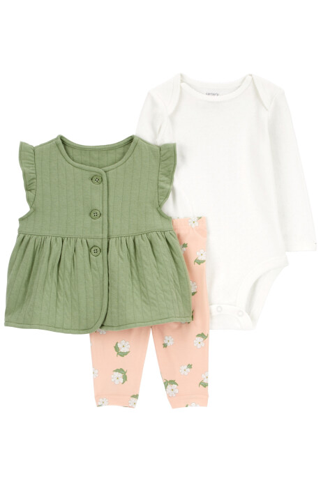 Set tres piezas de algodón, chaleco capitoneado, pantalón y body calado, diseño floral Sin color