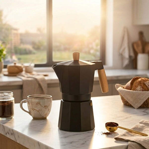Cafetera Italiana 6 Tazas 300ml Aluminio Mango de Madera Negro