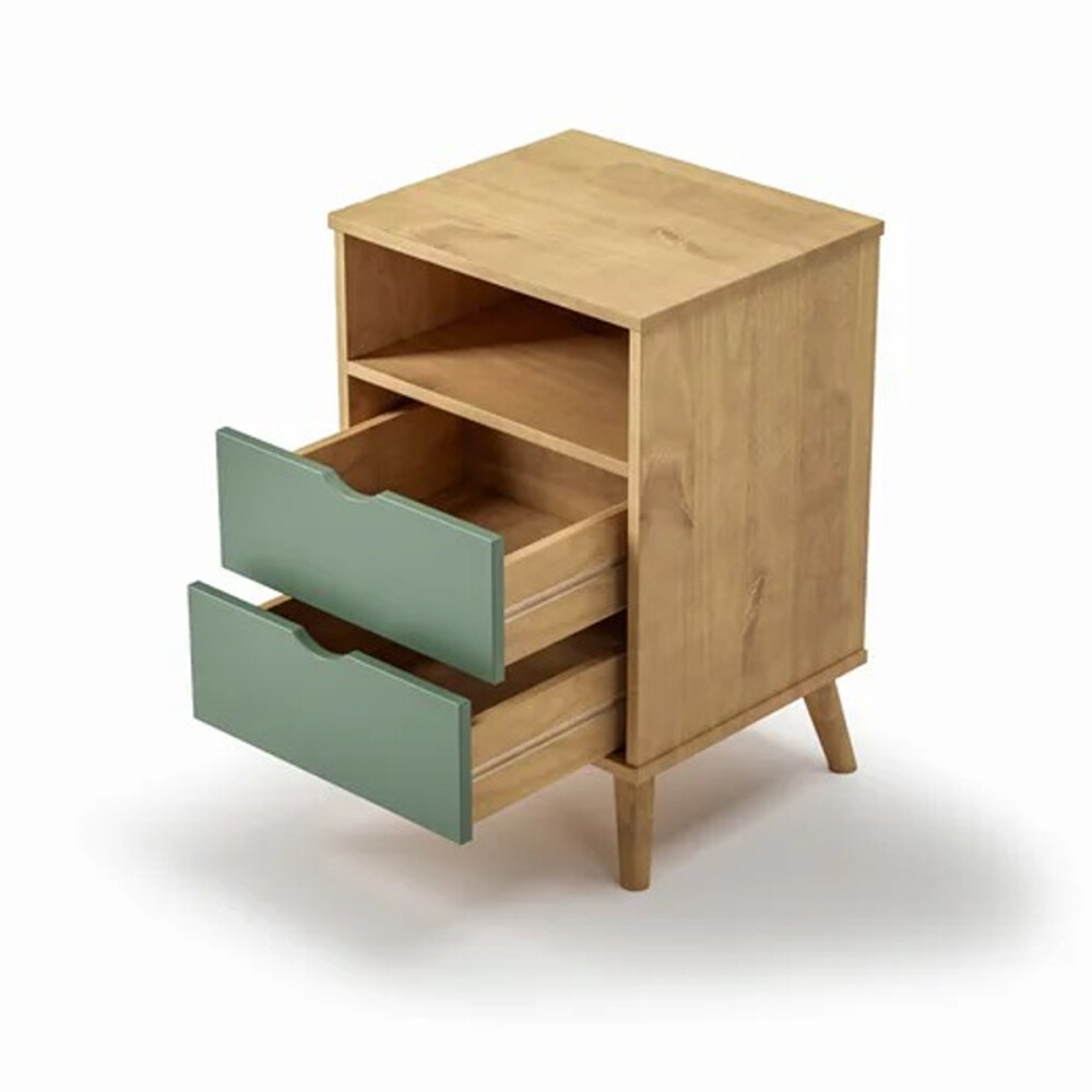 Mesa de luz 2 cajones - con patas - Madera maciza MADERA - VERDE