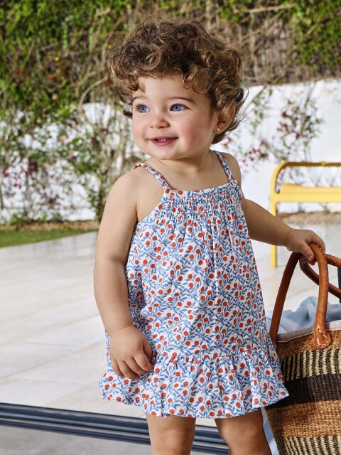 Vestido Estampado De Tirantes Con Bordados Blanco