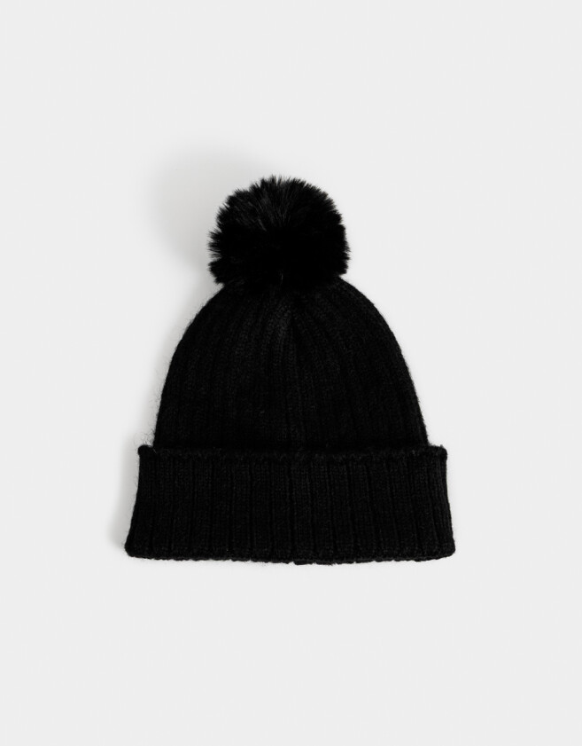 Gorro Clasico Gorro Tejido Con Pompón - Negro