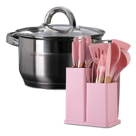 Set Cocina Utensilios Practico 19Pzs + Olla Acero Inoxi 22cm Rosa