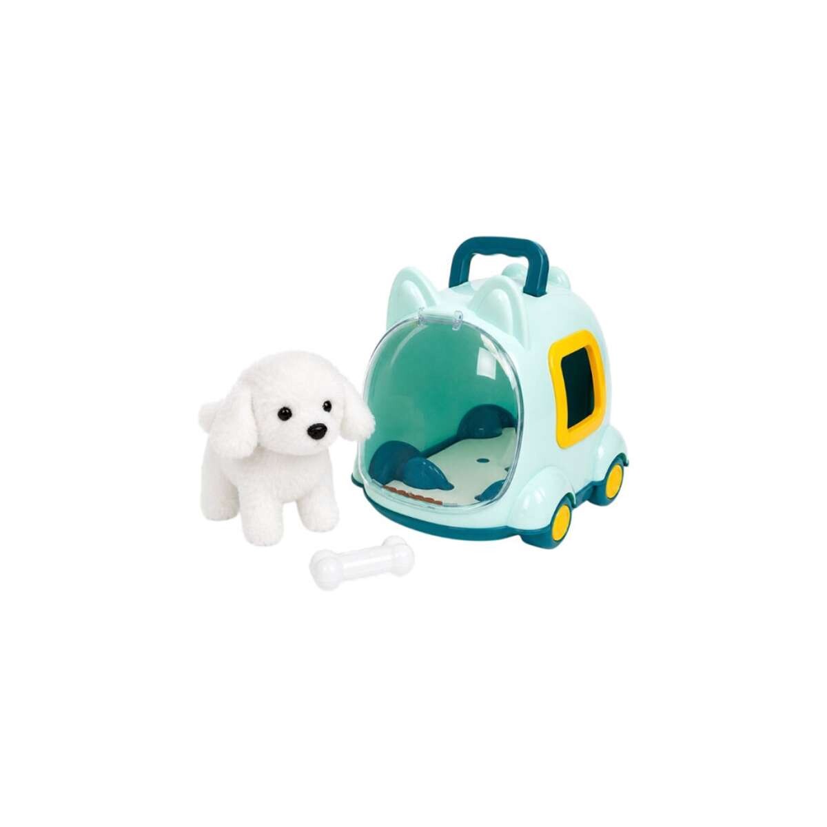 Perrito de peluche con caja transportadora - Blanco 