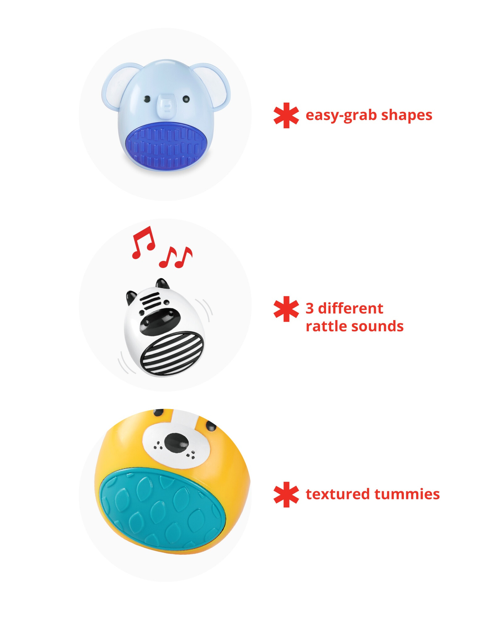 Set tres sonajeros, diseño animales Set tres sonajeros, diseño animales