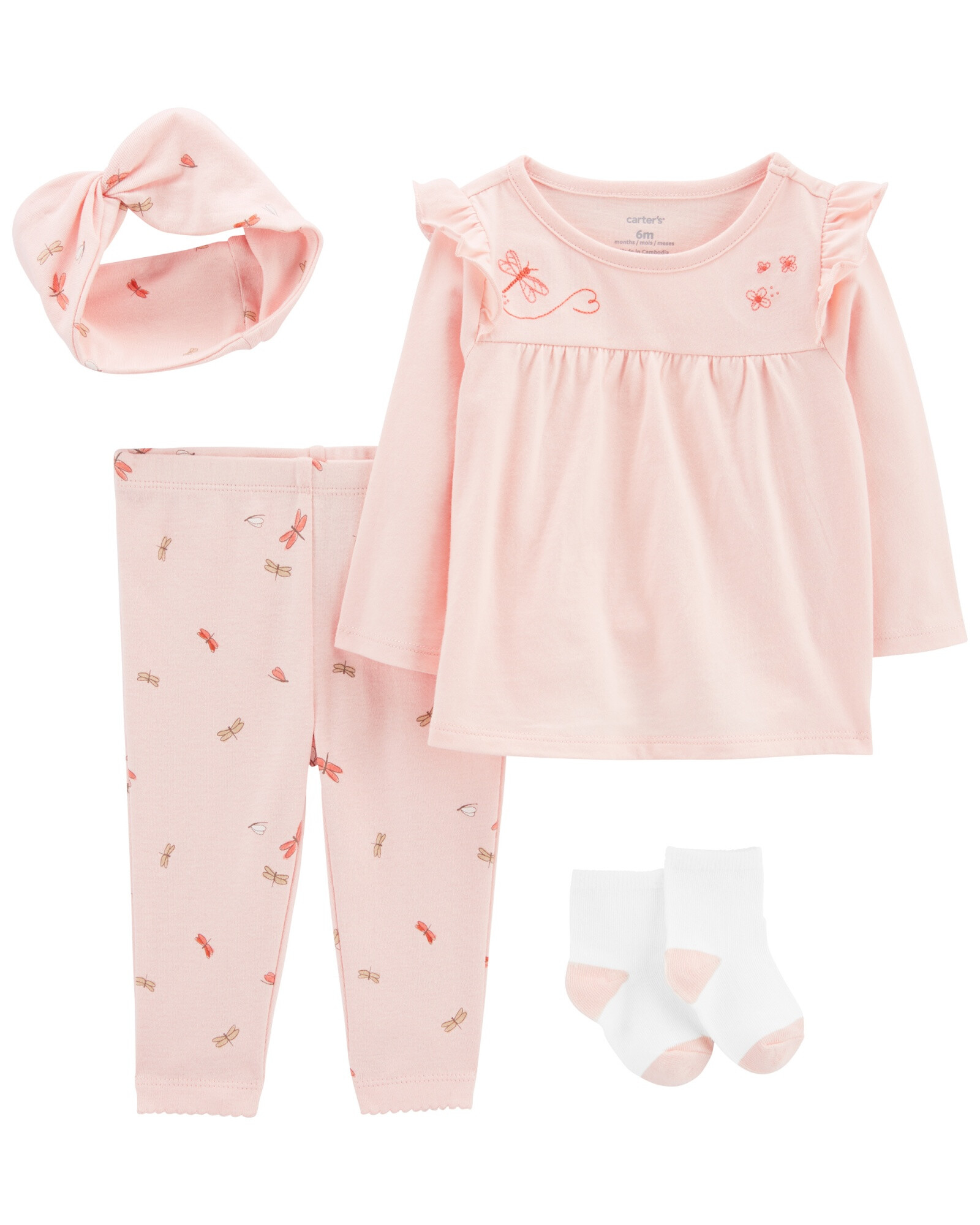 Set cuatro piezas de algodón, calza, blusa, medias y vincha Set cuatro piezas de algodón, calza, blusa, medias y vincha