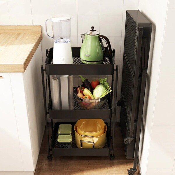 Carro Organizador 3 Estantes Con Ruedas Multiuso Plegable Color Variante Negro