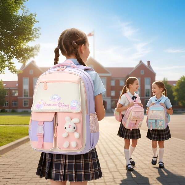 Mochila Kawaii Escolar Infantil Diseño Peluche Conejito Color Rosado